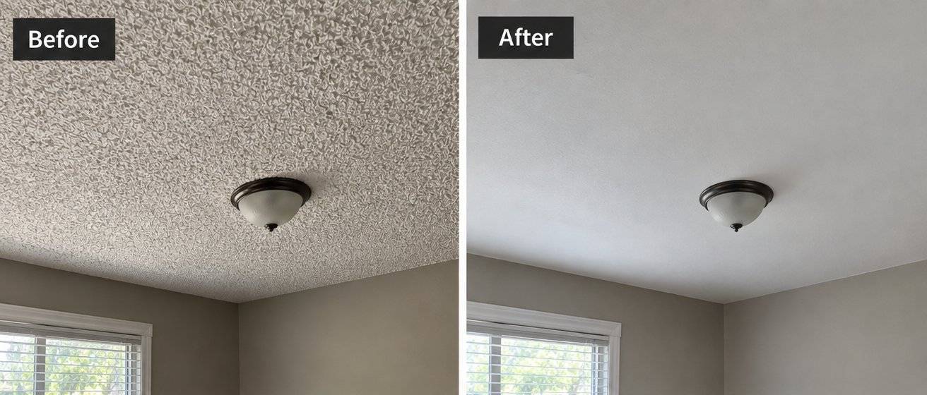 Before and after photos of the same bedroom ceiling: bumpy popcorn texture around a dome light fixture, then a smooth, flat painted ceiling. Example photos, not a job by the professionals we refer